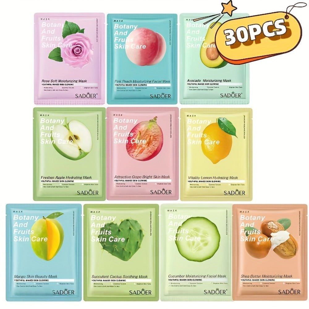 Thirty-Piece SADOER Sheet Mask Assortment with Individually Packed Fruit and Rose Pouch Labels — image 2