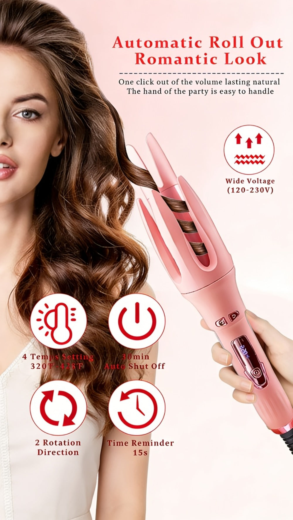Automatic Rotating Curling Iron 4 Temperature Settings 40M Negative Ion Ceramic Barrel, for Home, Travel and Salon Hair Styli