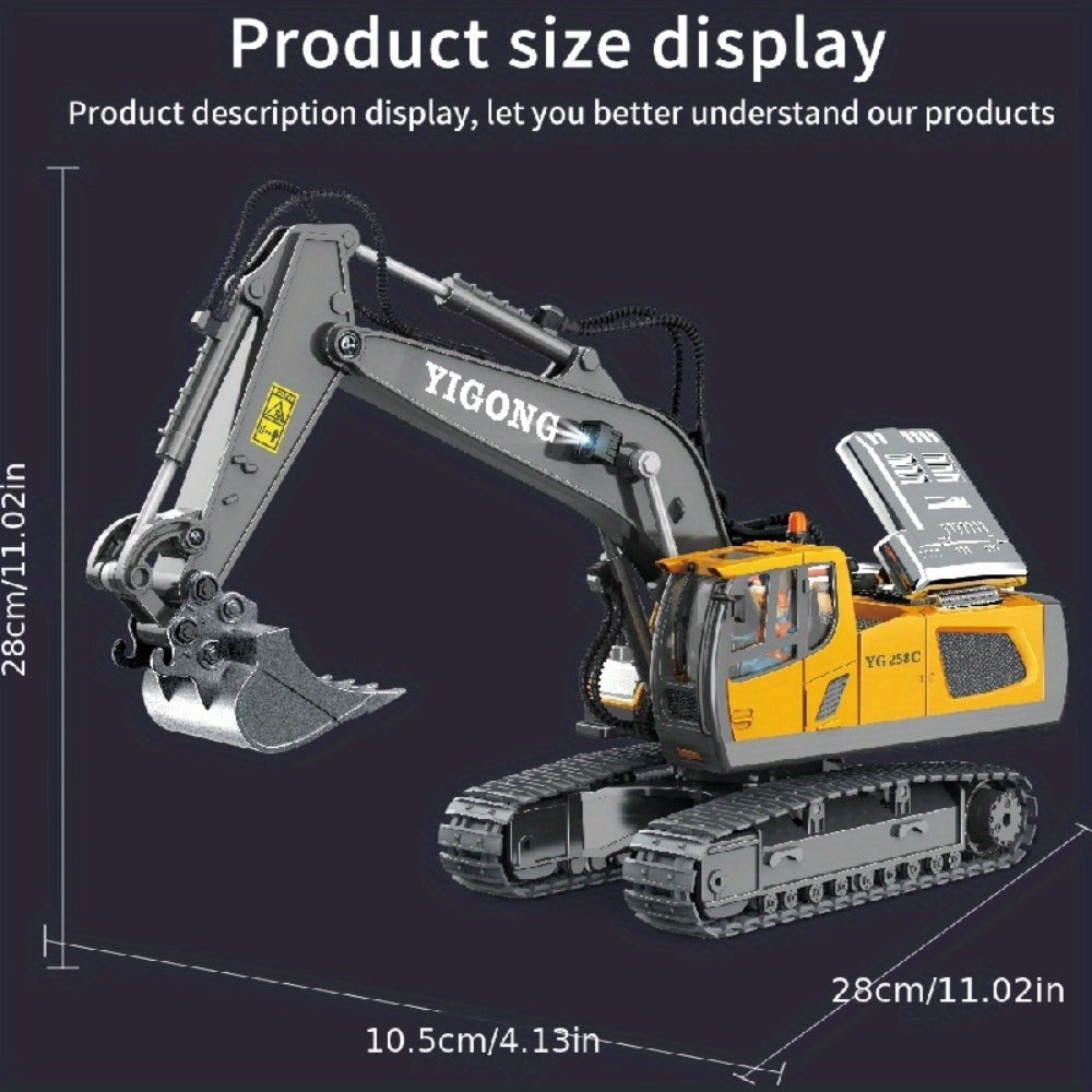 RC Excavator Toy 1:24 Scale 2.4GHz 9-Channel Remote Control with Alloy Metal Cap Lights & Sound Rechargeable Battery — image 
