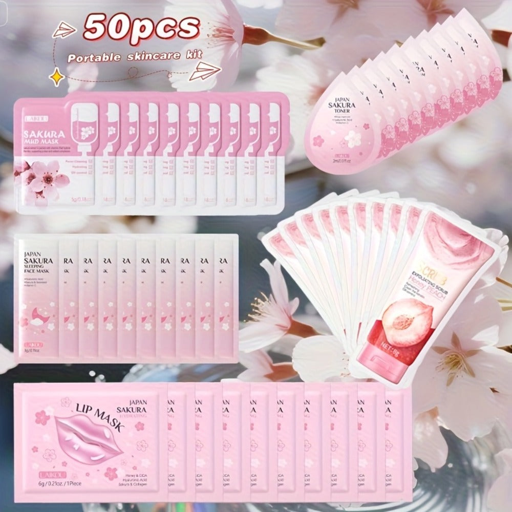Skincare Set with LAIKOU Label, 50 Sakura Sachets Across Mud Mask Sleep Mask Scrub Lip Mask and Toner — image 1