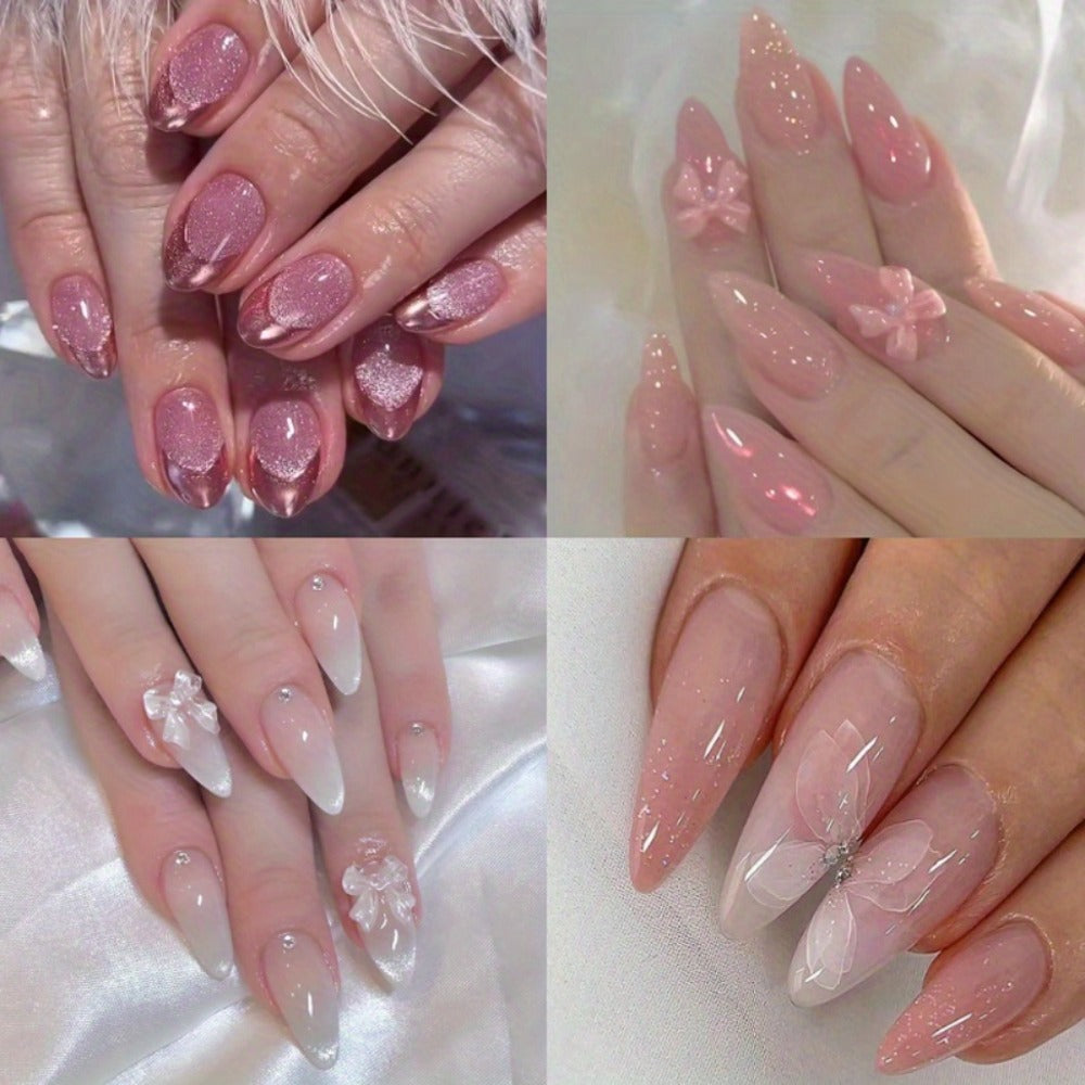 Press On Nails 96-Piece Almond Four-Pack Ice Pink Gradient Flower Butterfly Glossy Full-Cover Set — image 4