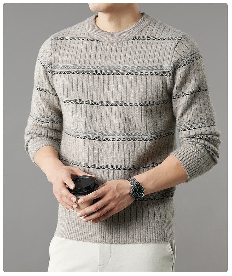 Mens Knitted Fleece-lined Thick Crew-neck Faux Mink Sweater