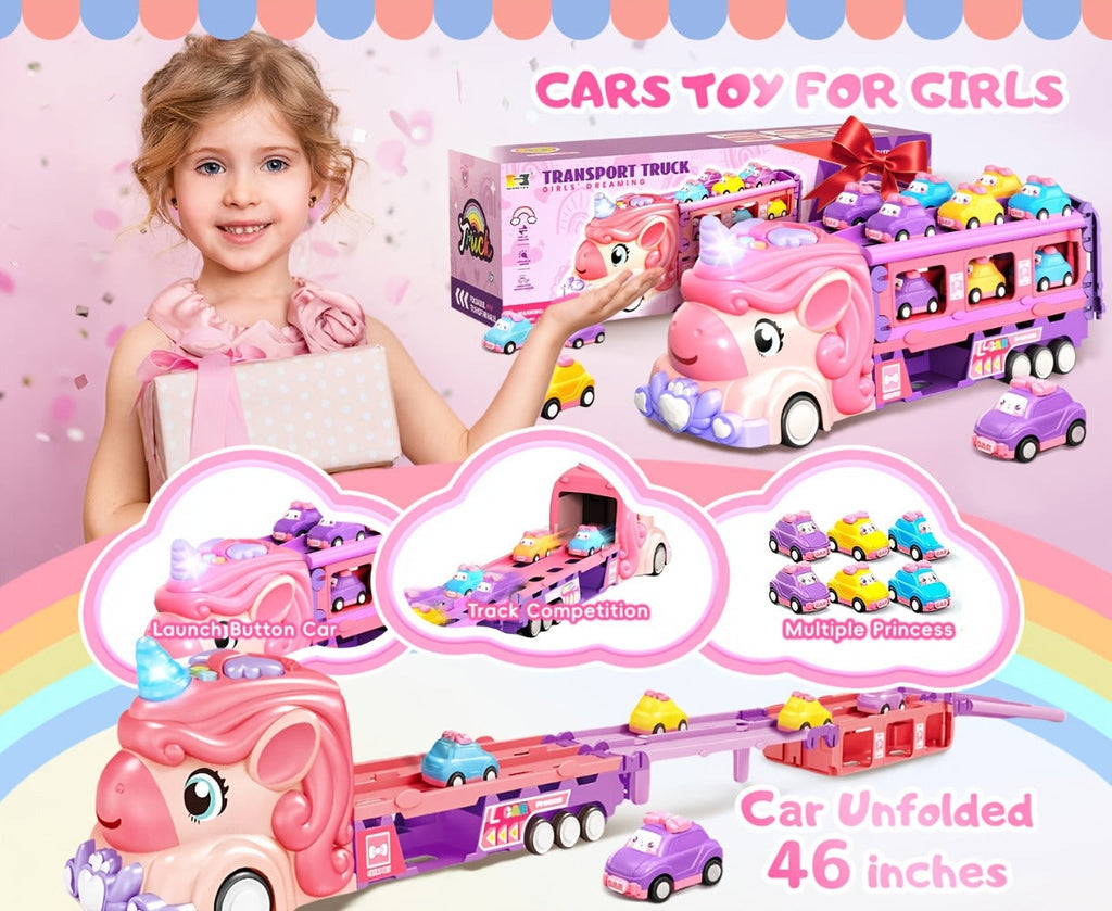Pink Unicorn Monster Truck Track Set with 8 Princess Cars, Lights & Sounds with the Listed Color, Size or Set Options for Eve