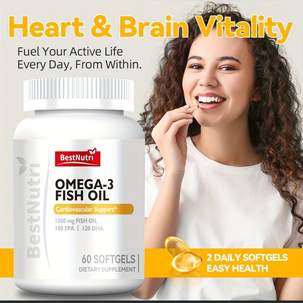 Omega-3 Fish Oil 2000mg Softgels with EPA & DHA, Cold-Extracted CGMP, Brain Vitality Heart Health Anti-Inflammatory Support —