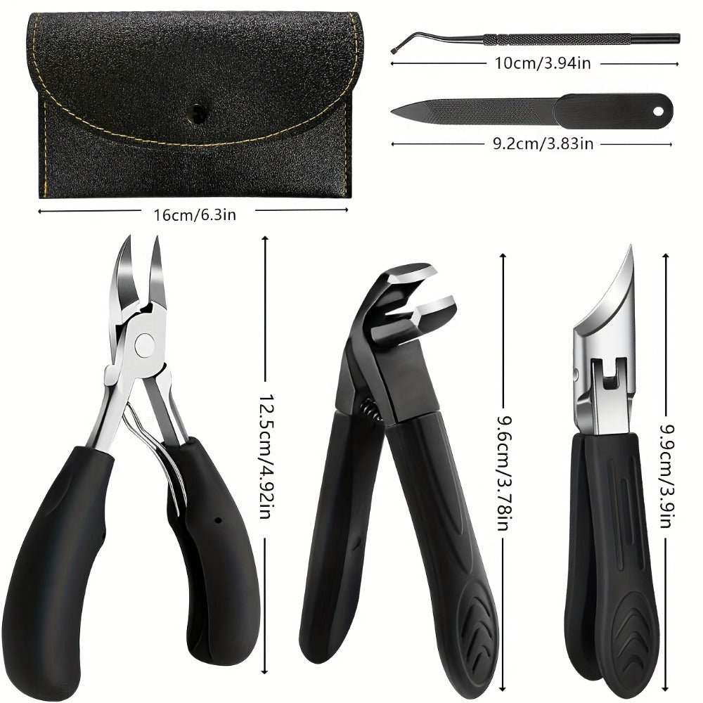 Wide-Jaw Nail Clipper Set, Six-Piece Black-Handle Kit with Curved, Slanted and Narrow Tools, Lifter, File and Storage Pouch —