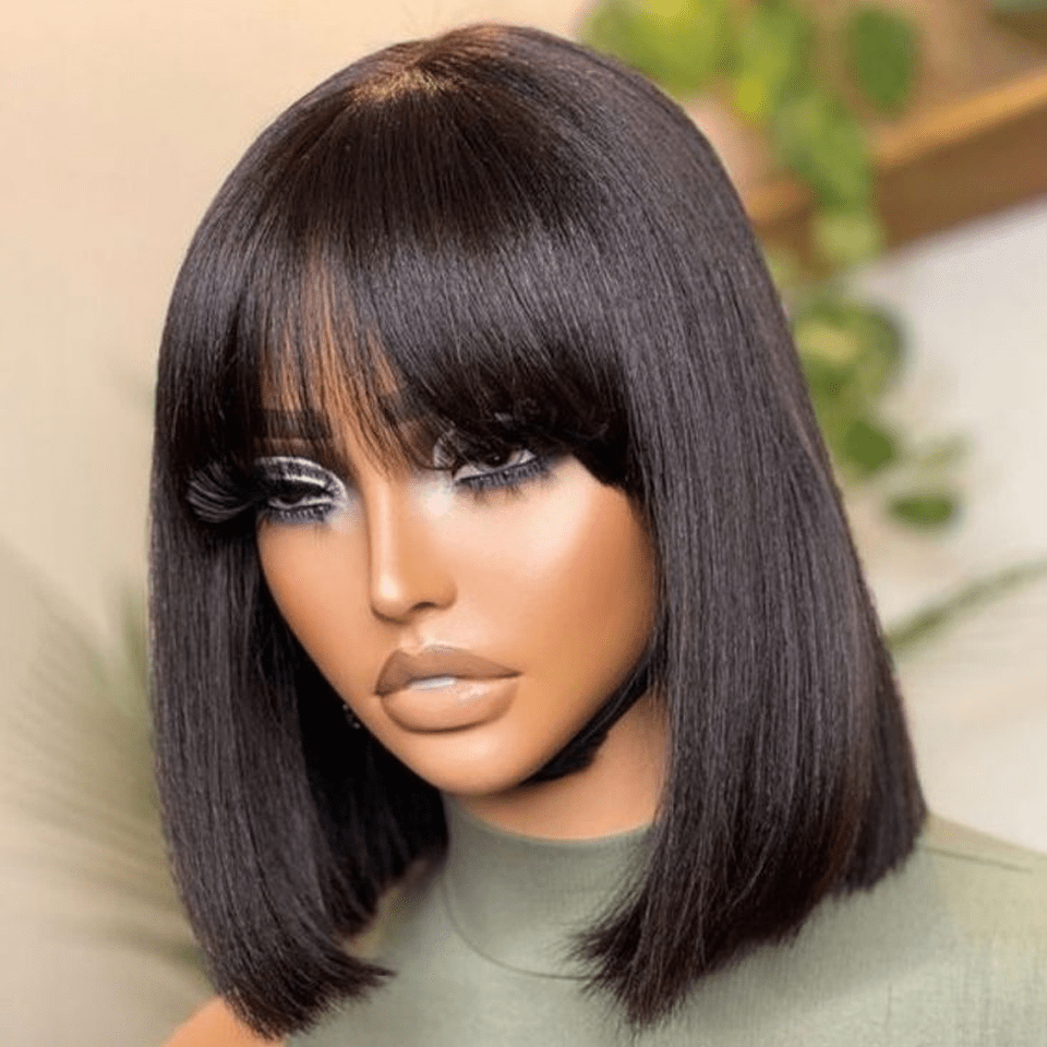 Straight Bob Wig with Bangs Human Hair 3x1 Lace Part Pre-Plucked Glueless Brazilian Short Bob 150 Density 1B/30 Highlight Nat