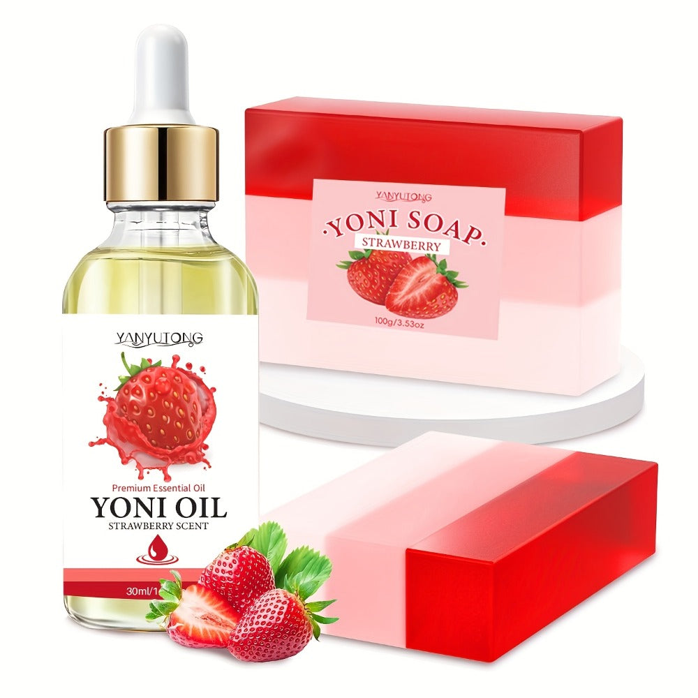 Strawberry Yoni Bath Set 4pcs for Women – Scented Yoni Oil & Soap Feminine Hygiene Kit pH Balance Odor Control Moisturizing I