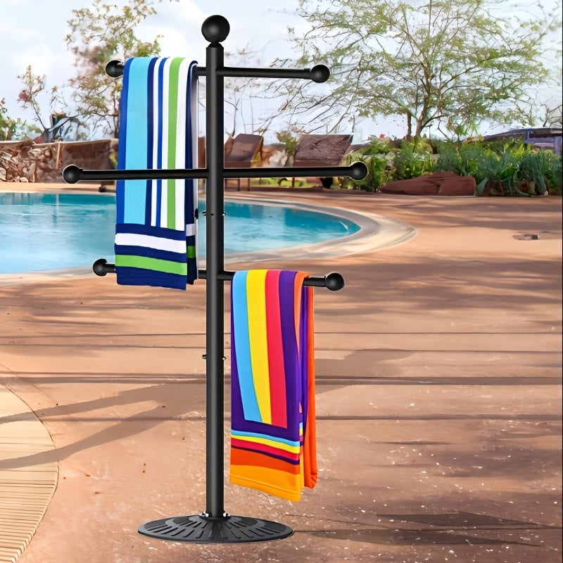 Pool Towel Rack Freestanding Outdoor – 3-Bar Iron Towel Stand with Hooks, Windproof Wide Base, No Sand Needed — image 2