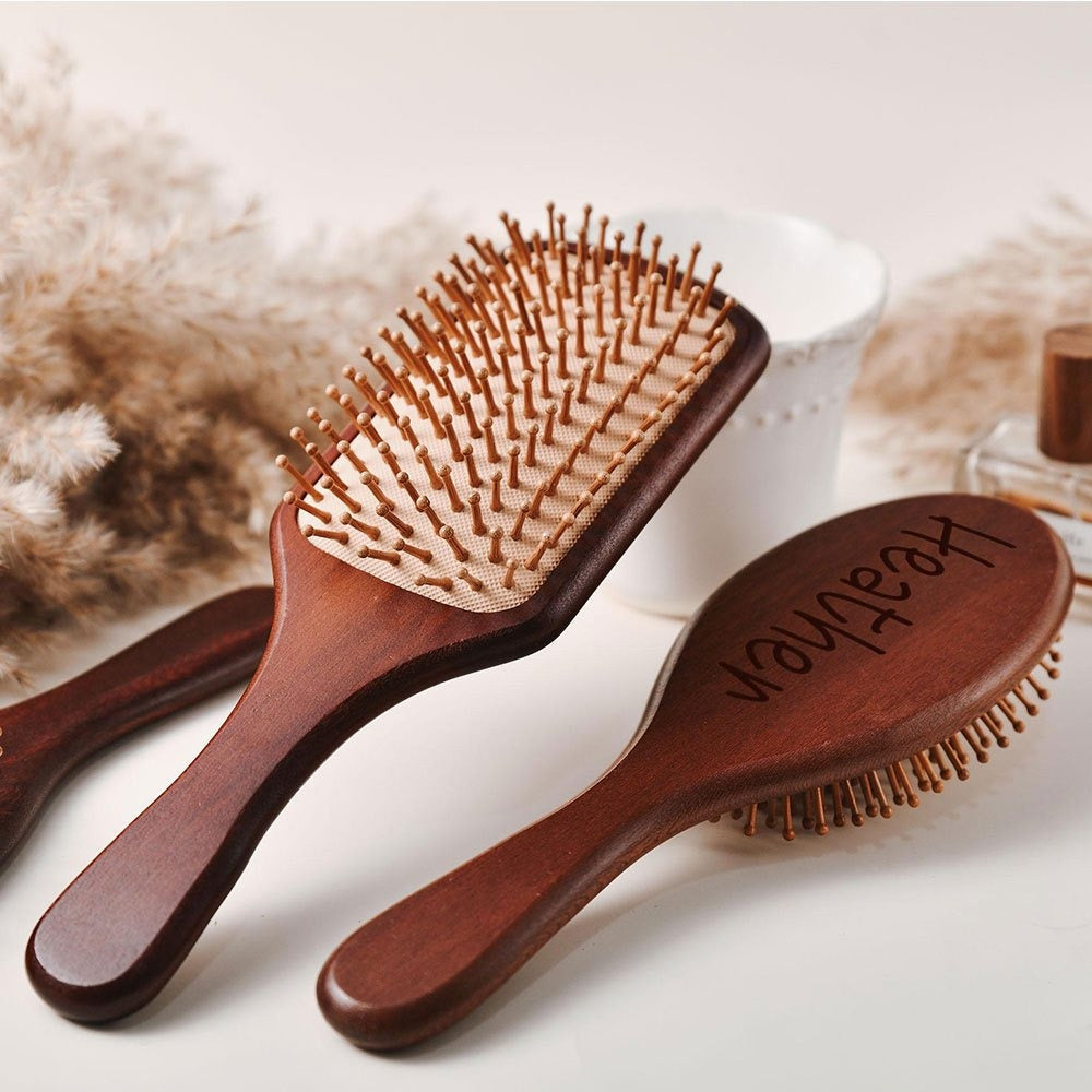 Personalized Engraved Wooden Hairbrush Custom Curly Styling Brush Square Oval Shape Gift, for Home, Travel and Salon Hair Sty