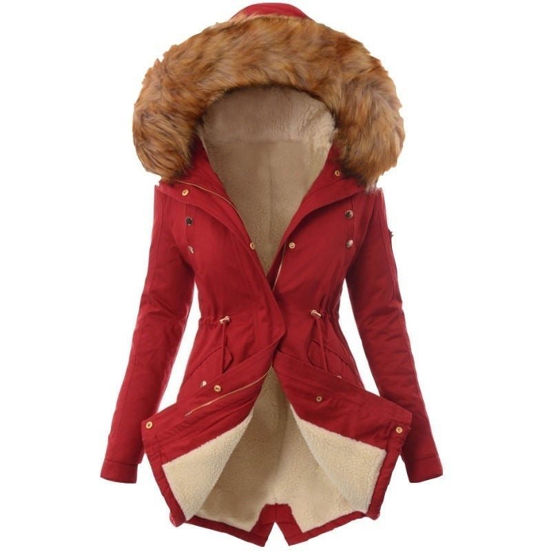 Pure Color Hooded Slim Warm Zipper Jacket Women Padded Coat