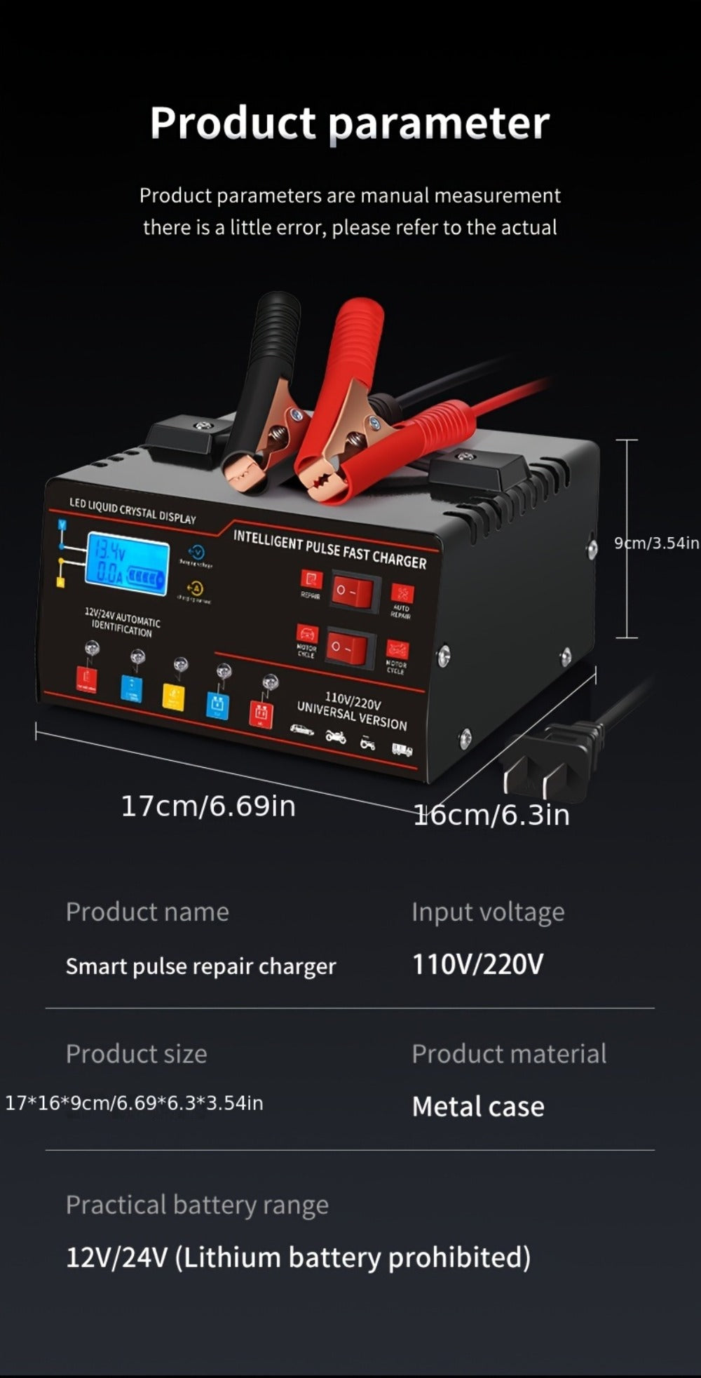 AF01 12 V and 24 V Battery Charger with LCD Display, Alligator Clamps, Carry Handle and Cooling Fan — image 23
