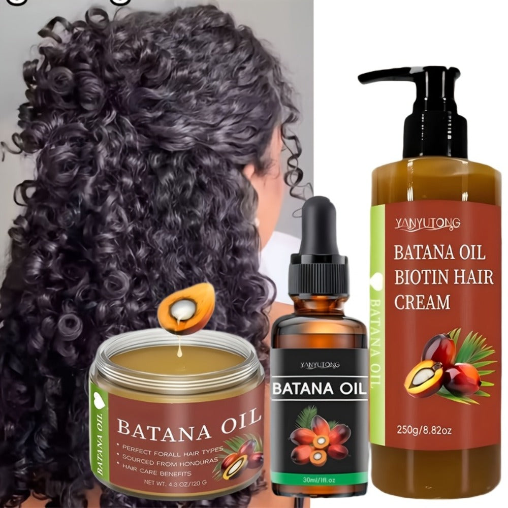 Three-Piece Batana Oil and Biotin Hair Care Set with Pump Cream, Dropper Bottle and Balm Formats — image 3