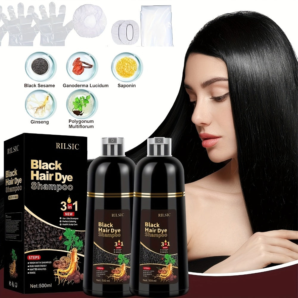 Hair Color Shampoo, RILSIC 3-in-1 Two-Pack of 500ml Pump Bottles with Black or Dark Brown Selection — image 3