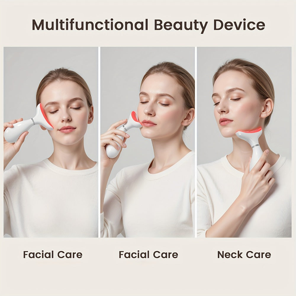 LED Neck Massager 7-Color Light Therapy Vibrating Face & Neck Device, USB Rechargeable Portable Electric Facial Massage Tool 