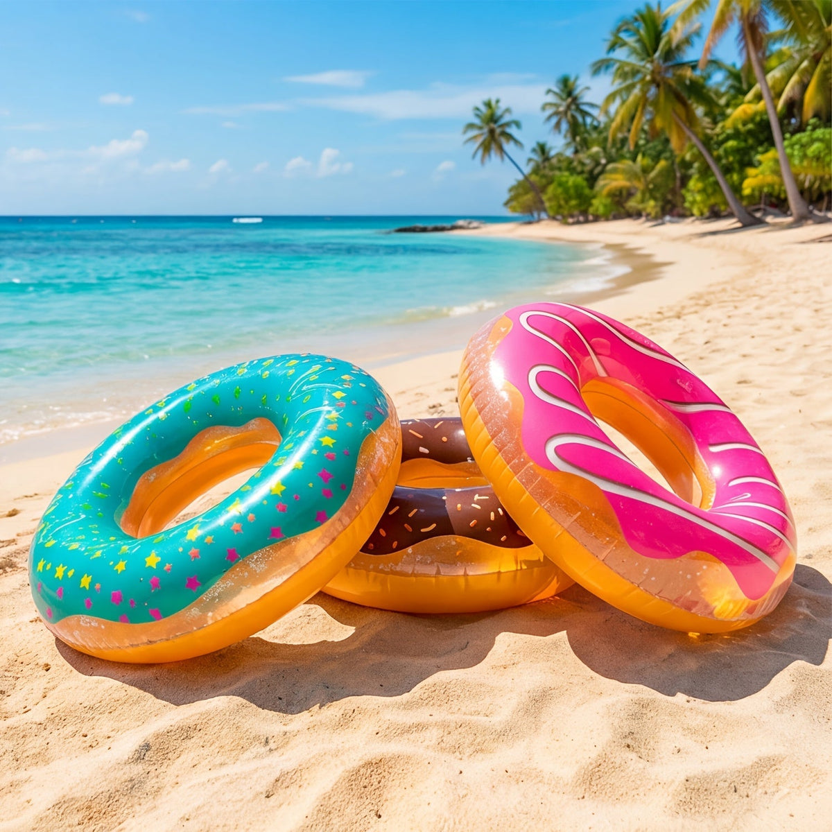 Pool Float Donut Ring Three-Pack with Glitter-Style Strawberry, Chocolate and Mint Designs, 32.5-Inch Diameter — image 2