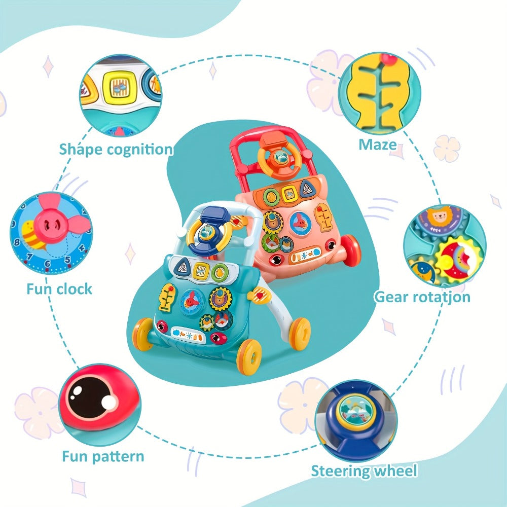 Musical Baby Walker Toy with Anti-Rollover Safety, Multi-Function Sit-to-Stand Activity Center for Early Walking Development 