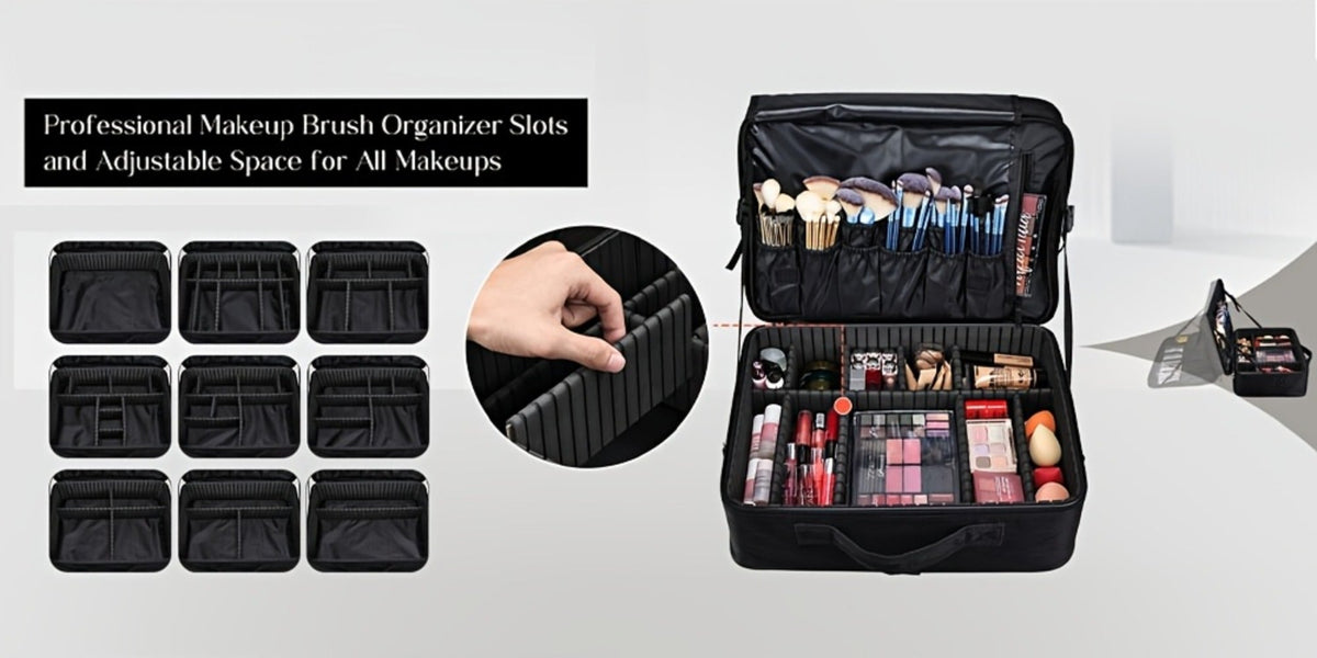 Black 15.8-Inch Soft Makeup Train Case with Three-Layer Interior, Brush Panel and Shoulder Strap — image 14