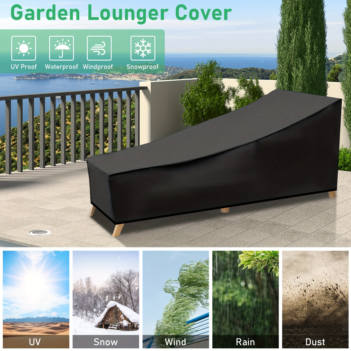 Black Chaise Lounge Cover with 210-by-80-by-75 cm Profile, Hem Cord and Pictured Storage Bag — image 5