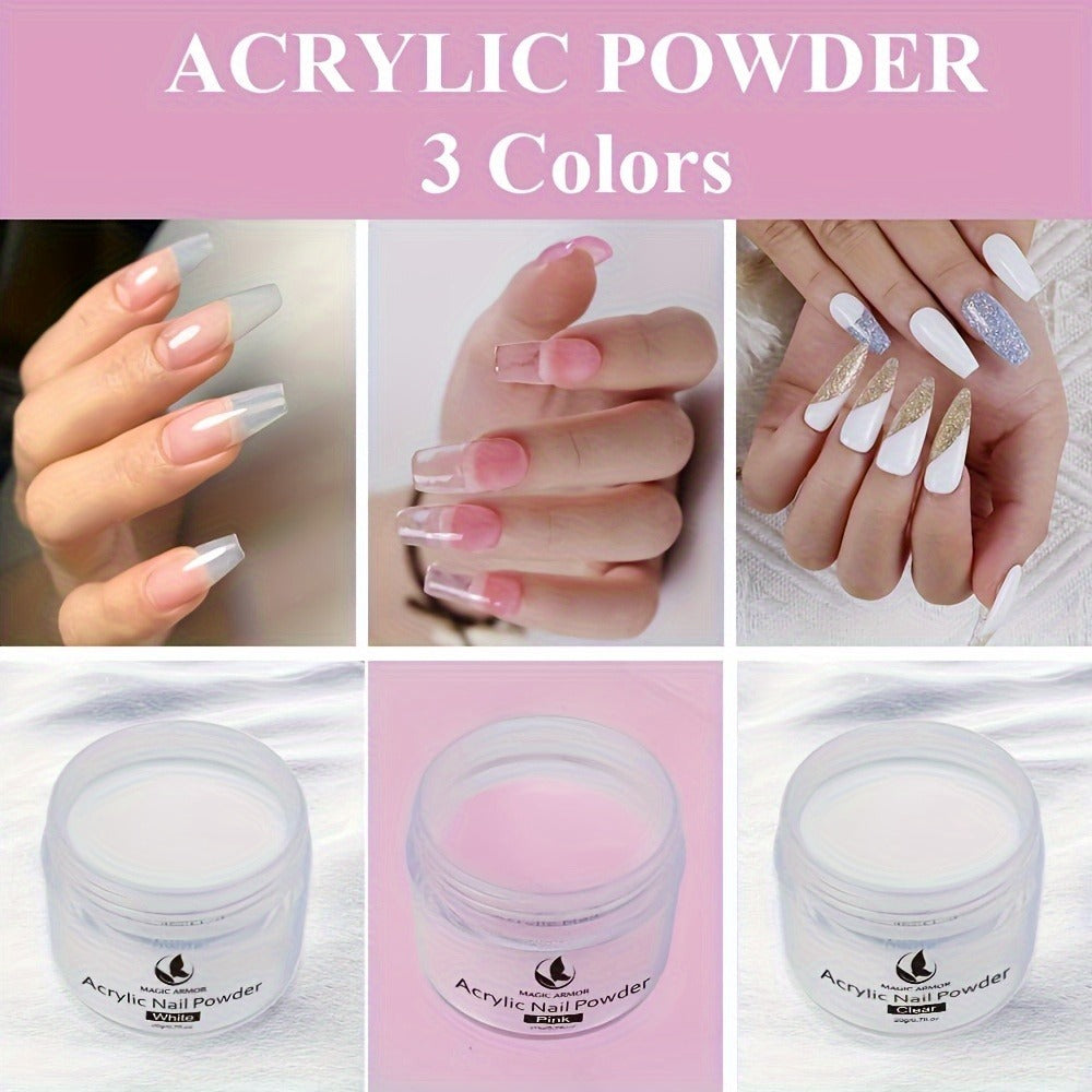 Acrylic Nail Kit with Clear Pink White Powders, Liquid Monomer, Four Brushes, Forms and Mixing Dish — image 3