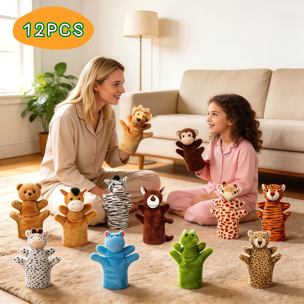 Twelve-Piece Zoo Animal Hand Puppet Set with Bear, Zebra, Lion, Giraffe, Hippo and More Designs — image 1