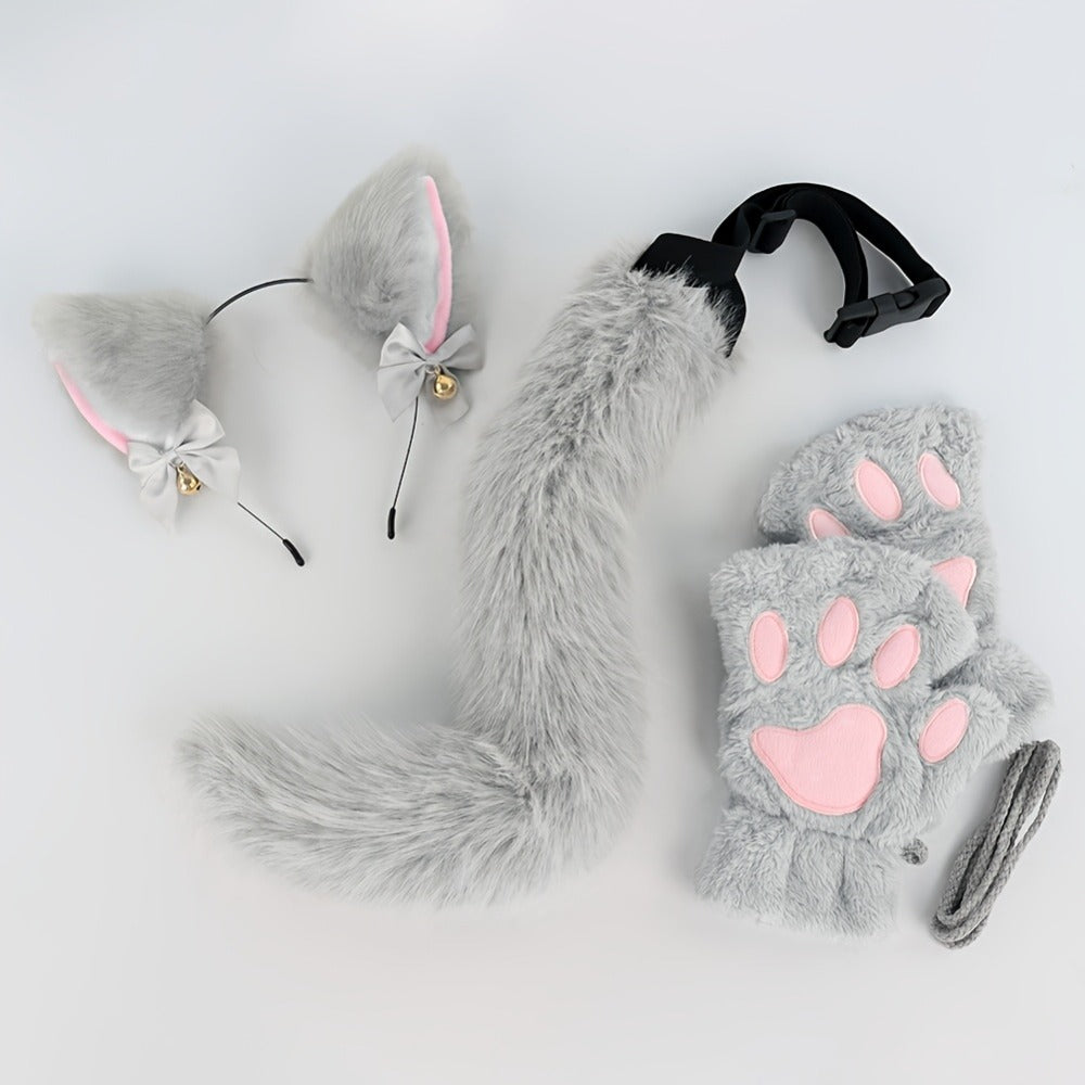Cat Costume Set 3 Piece, Bell Ear Headband, Plush Paw Gloves & Adjustable Tail for Halloween, Cosplay — image 12
