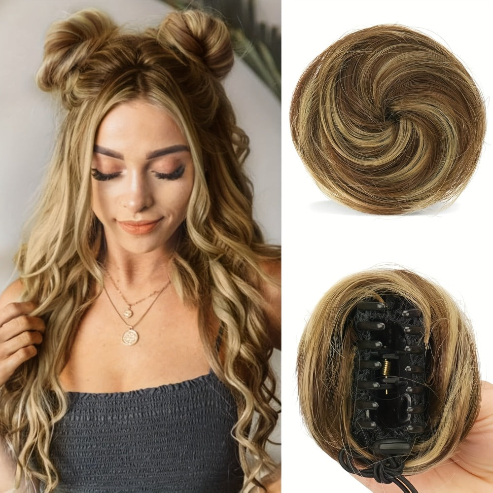 Mini Donut Bun Hairpiece with Cat Ears Claw Clip Messy Bun Synthetic Fiber Instant Updo – 2 Pcs Set for Women Girls All Hair 