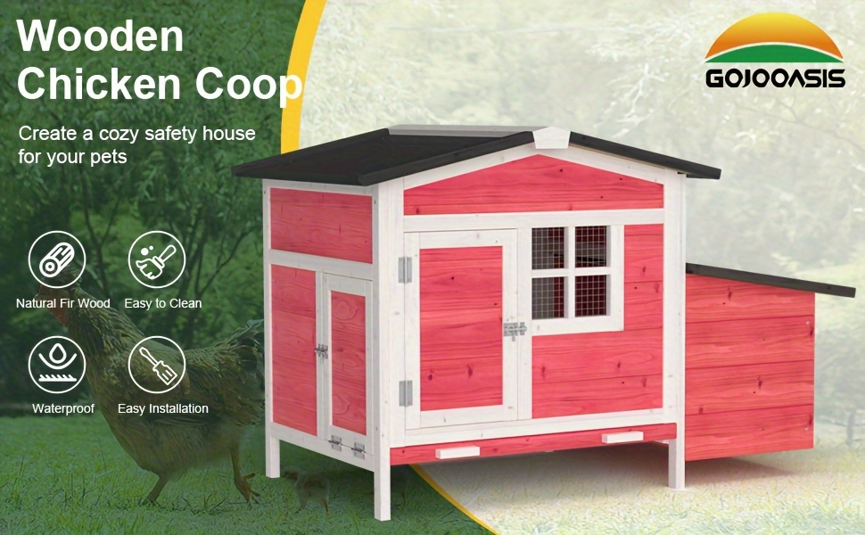 Hen House Outdoor Wooden Chicken Coop with Nesting Box Ramp Removable Tray Elevated Design Fir Wood for Garden, Patio and Yar