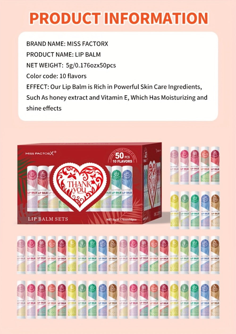 Fruit Flavored Lip Gloss Set 50 Pieces – Moisturizing Lip Balm Kit in 10 Colors, Hydrating Lip Care for Dry & Cracked Lips, D