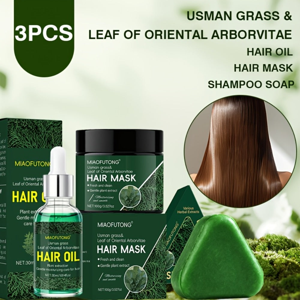 Three-Piece Usman Grass Hair Care Kit with 120g Triangular Shampoo Bar, Oil and Mask Formats — image 10