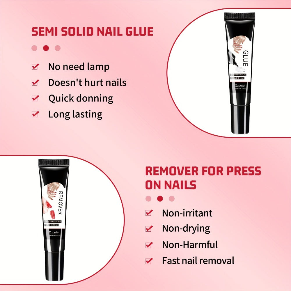 Press-On Nail Glue & Remover Kit 4pcs – 2x Semi-Solid Gel Nail Glue 10g + 2x Nail Polish Remover 10ml, Quick-Drying No-Lamp S