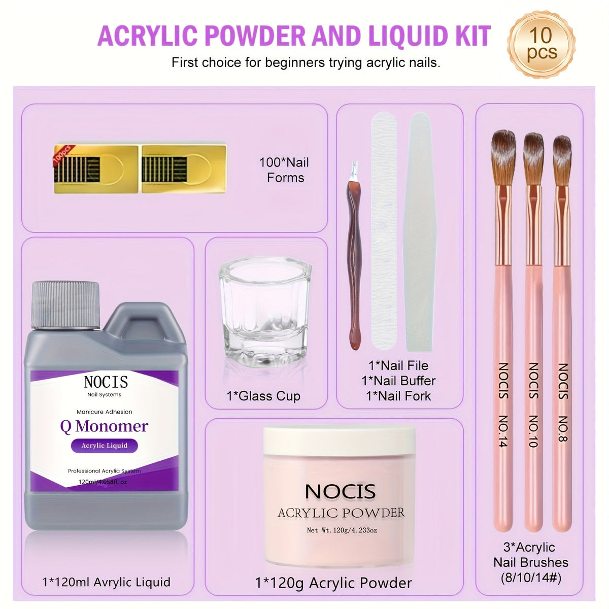 Acrylic Nail Kit NOCIS 120g Peach Pink Powder Set with Q Monomer, Brush Set, Nail File and Mixing Cup — image 9