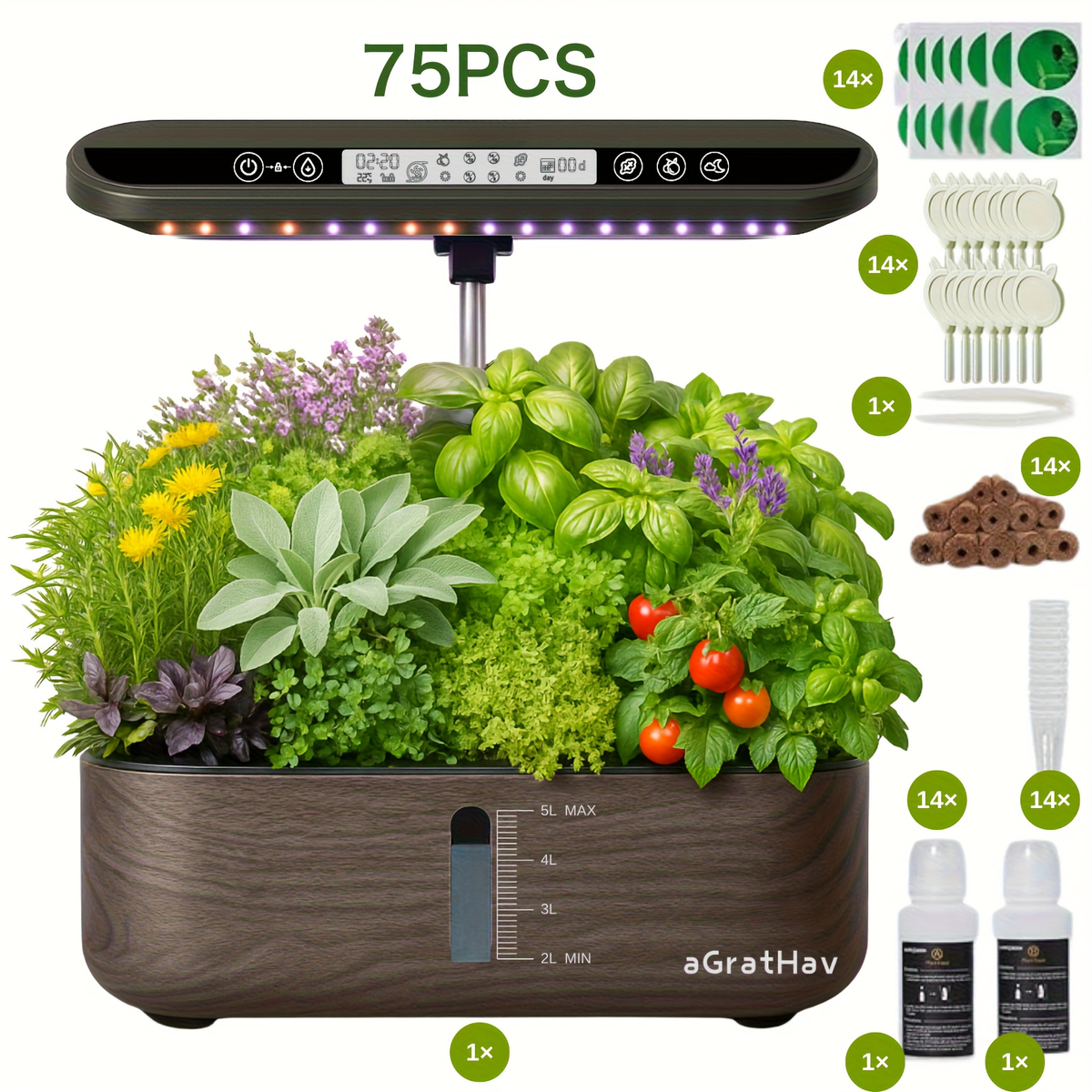 Hydroponic Garden Kit 14-Pod with LED Grow Light – Smart Timer, Quiet Pump & 1.32 Gal Tank, 75-Piece Indoor Herb Garden Syste