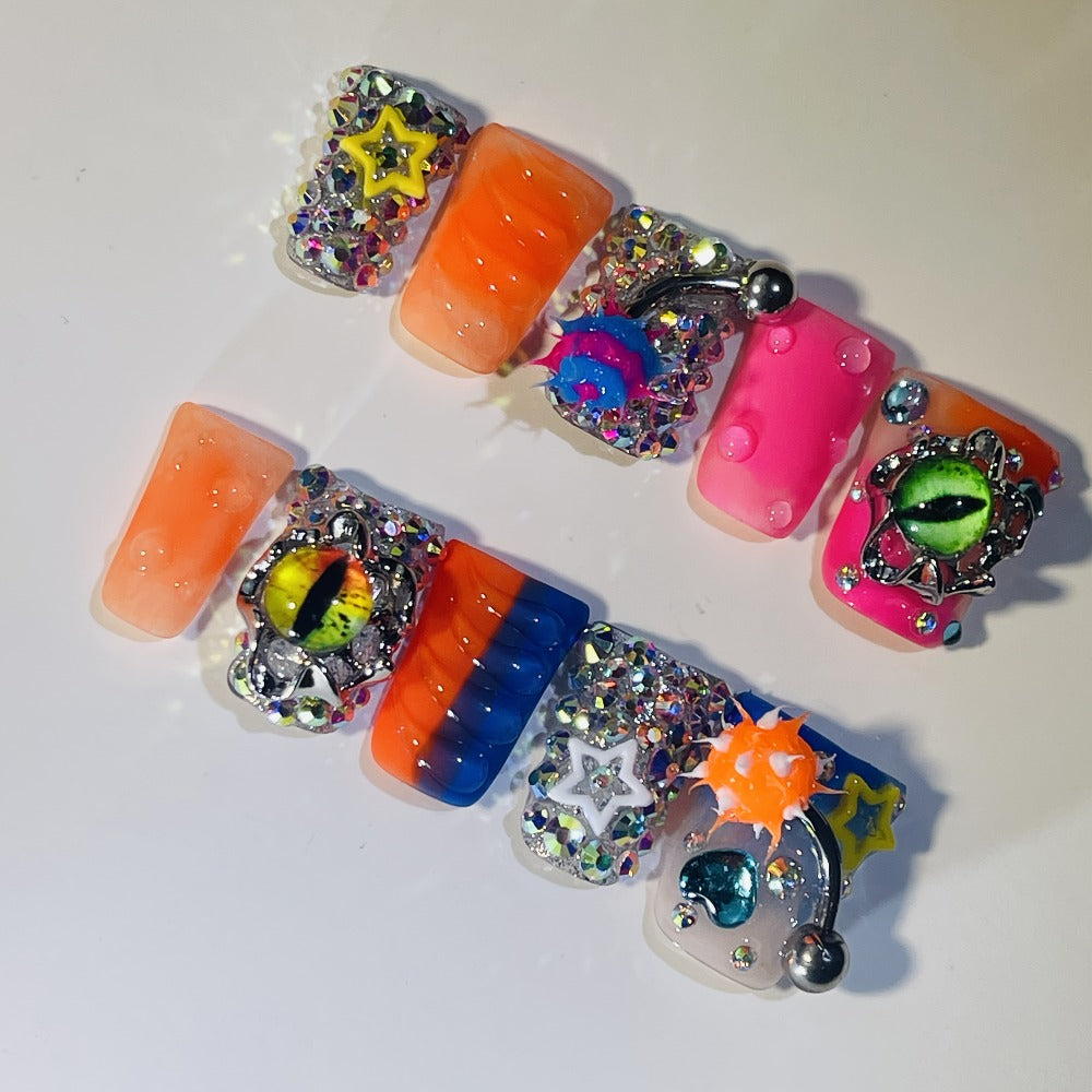 Press On Nails Handmade Y2K Duckbill Set with 3D Eye Barbell Star Rhinestone Charms and S M L Sizes — image 10
