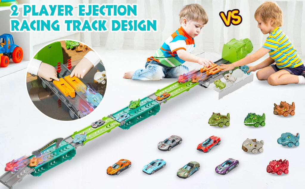 Dinosaur Truck Toys 13-in-1 Transport Carrier with 63-Inch Foldable Race Track, 6 Dino Cars + 6 Die-Cast Cars — image 12