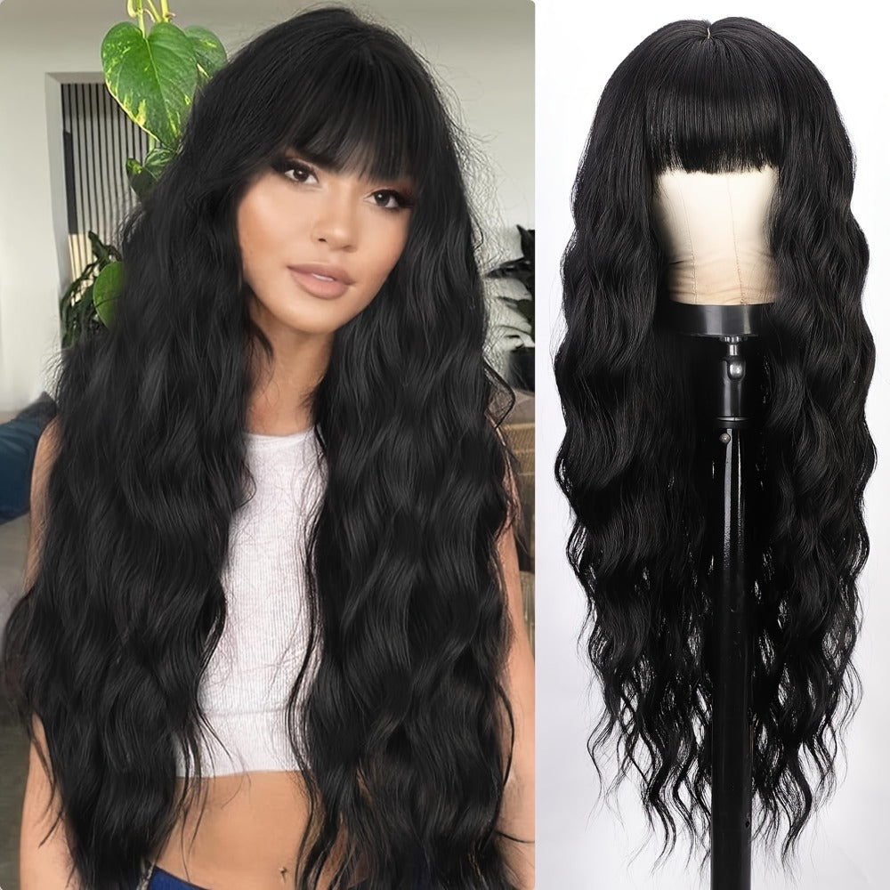 Synthetic Wig 28-Inch Black Body Waves with Bangs and Adjustable Buckle Net Cap for Daily and Party Styling — image 1