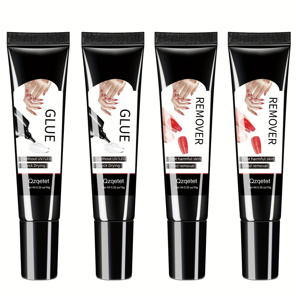 Press-On Nail Glue & Remover Kit 4pcs – 2x Semi-Solid Gel Nail Glue 10g + 2x Nail Polish Remover 10ml, Quick-Drying No-Lamp S