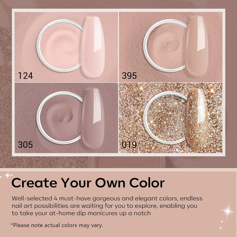 Dip Powder Nail Kit with YANYILIKE Label, Four Nude Gold Glitter Powders, Three 10ml Liquids and Four Tools — image 7