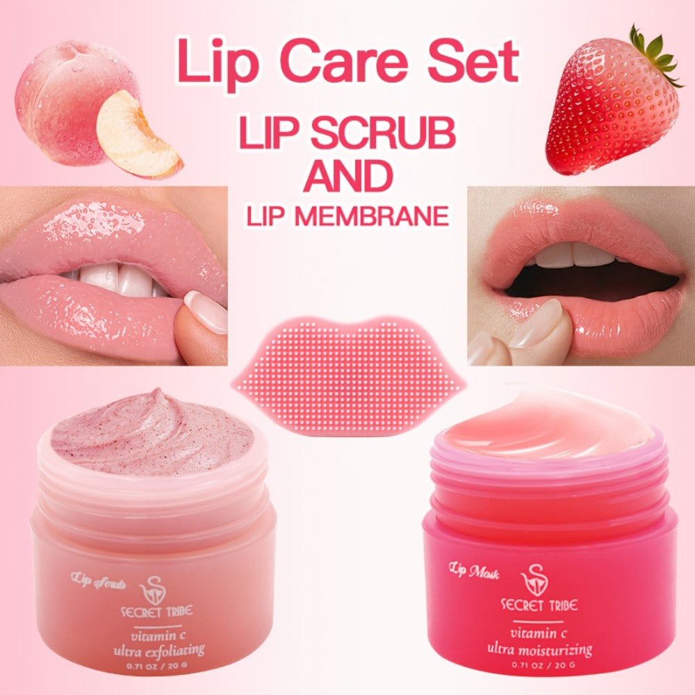 Lip Care Set 3pcs – Lip Mask, Lip Scrub Balm & Lip Brush Kit with Natural Ingredients for Deep Hydration, Exfoliation & Lip C