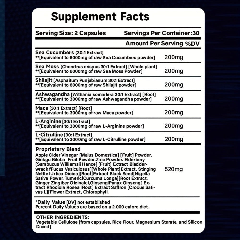 Dietary Supplement Capsules with SXNWSN Label, Sea Moss, Shilajit, Maca, L-Arginine and 60 or 120 Count — image 2