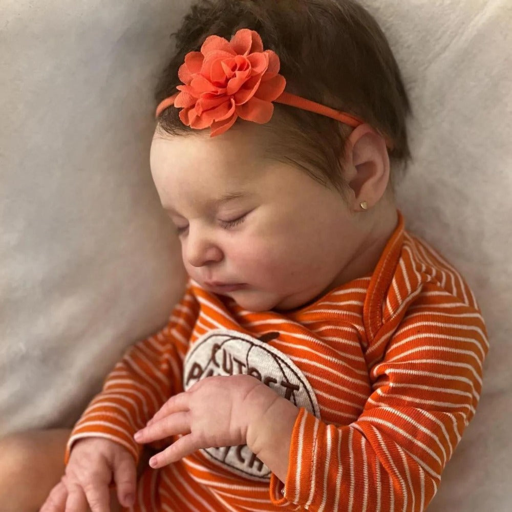 Reborn Baby Doll 20-Inch Sleeping Cloth Body with Rooted Hair, Orange Outfit, Pacifier, Bottle and Accessory Card — image 8