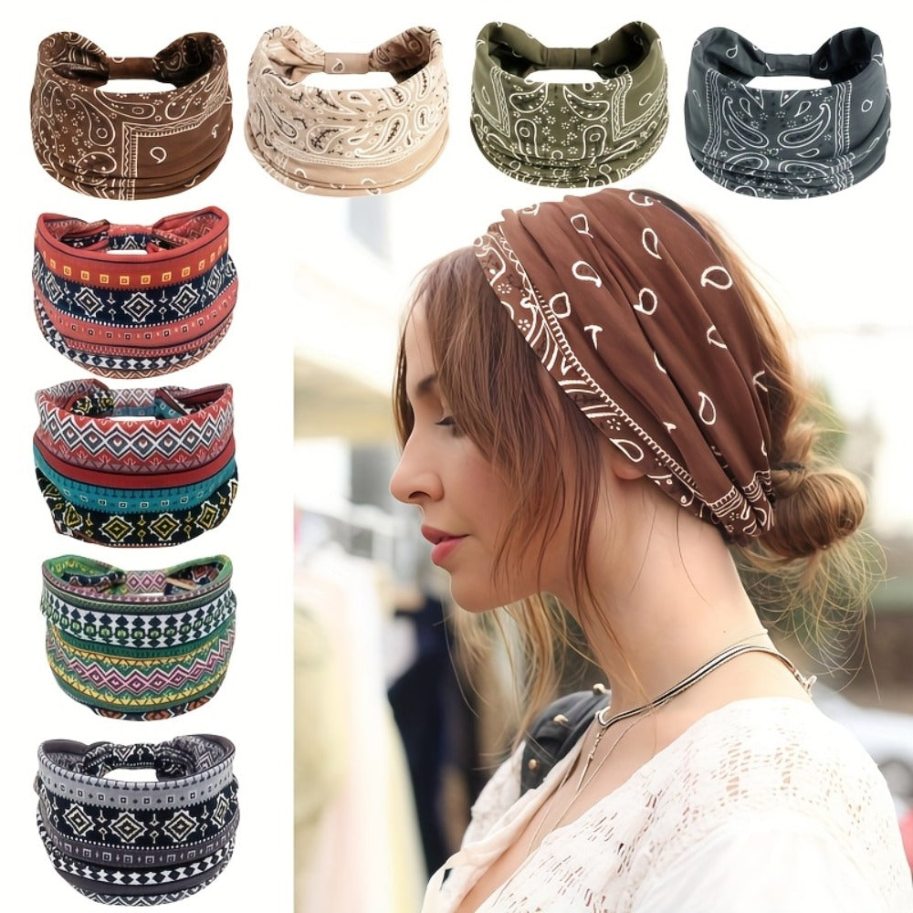 Floral Turban Headbands for Women 8 Pack Non-Slip Elastic Boho Knotted Wide Hair Wrap for Sports Yoga Running Workout Sweatba