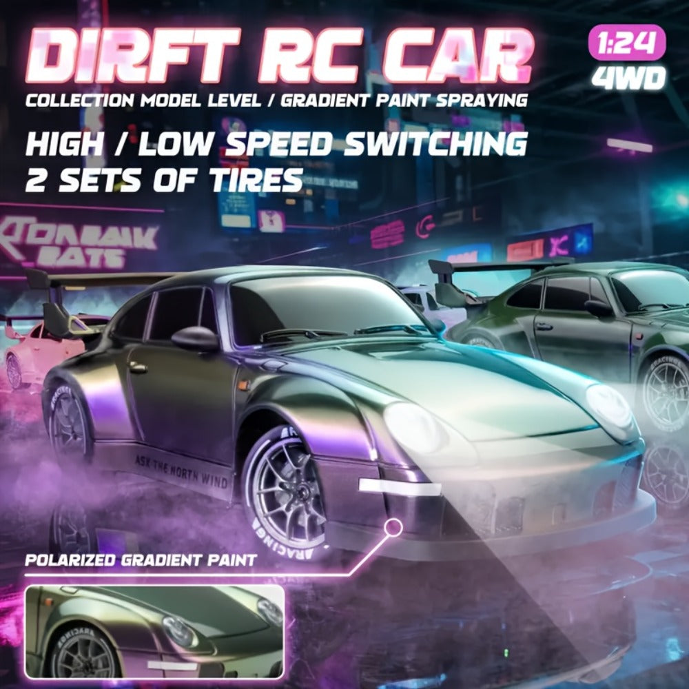 Alloy RC Drift Car 1:24 Scale 4WD 28KM/H with Drift Tires LED Lights Barricades & 2 Batteries — image 1