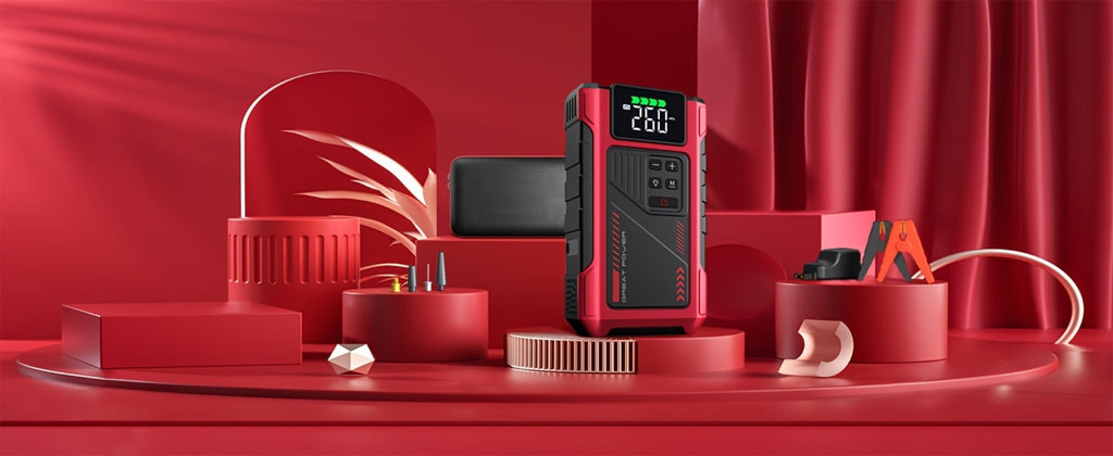 12V Jump Starter with 4000A Marking, 150 PSI-Labeled Air Compressor, Digital Pressure Display and Two Black Color Options — i