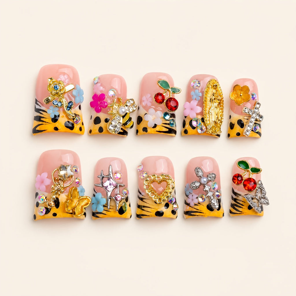 Press On Nails 10-Piece Short Duck-Tip Acrylic Set with Cherry, Bee, Flower, Cross and Star Designs — image 1