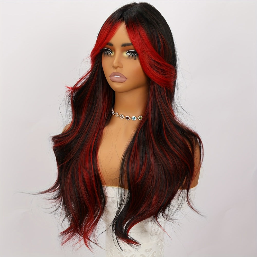Synthetic Wig 24-Inch Straight Style with Red Highlights, A-Shape Bangs and Adjustable Rose Net Cap — image 8
