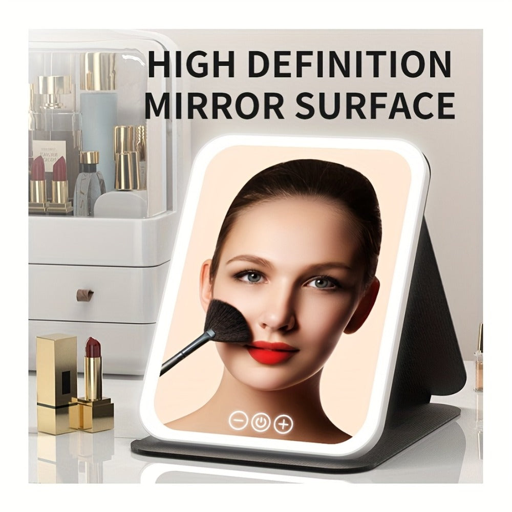 Makeup Mirror Foldable LED Travel Stand with Three Light Colors, Touch Dimming, USB Charging and Pink or White Options — imag