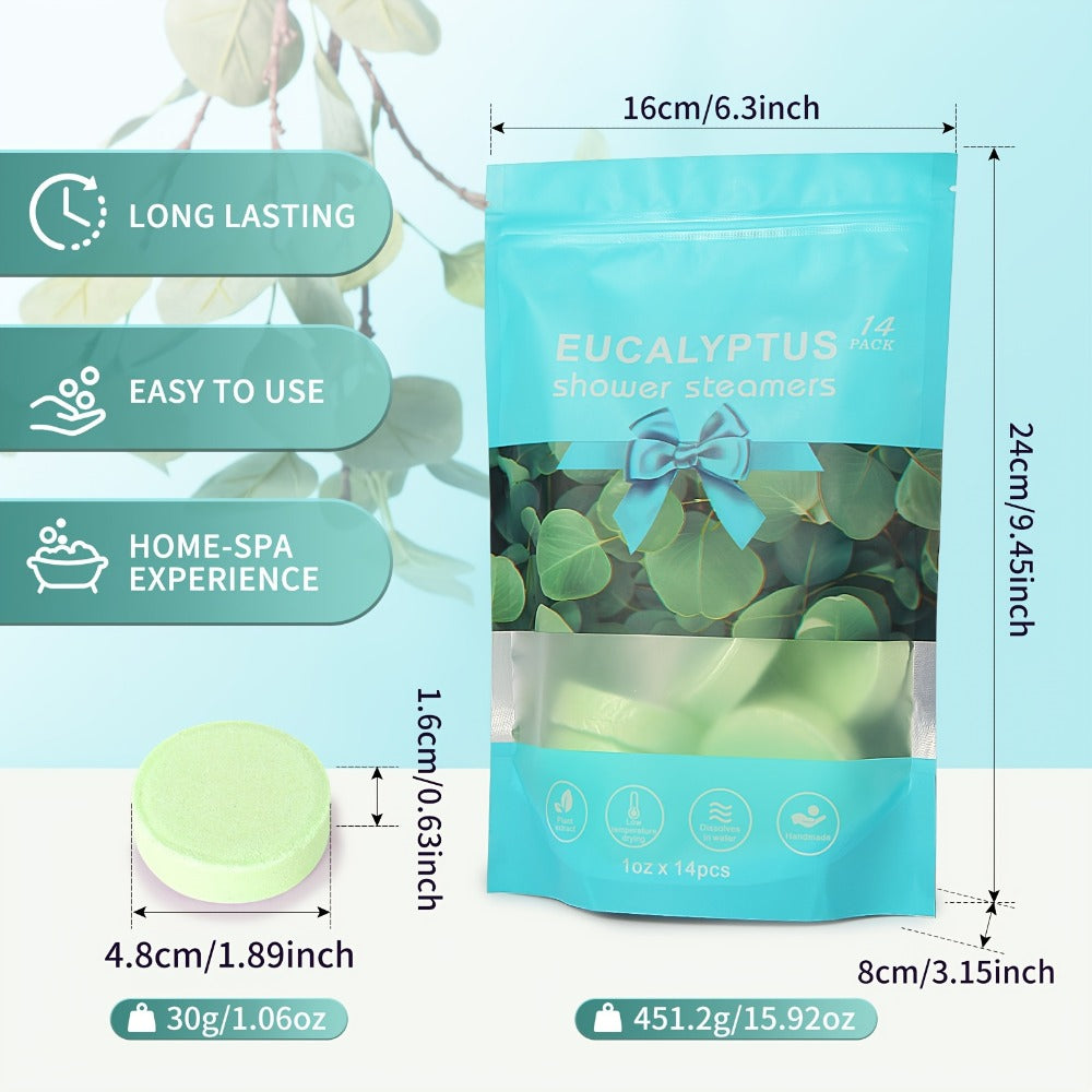 Fourteen Green Eucalyptus-Labeled Shower Steamer Tablets with 30 g Pieces in a Resealable Display Bag — image 4