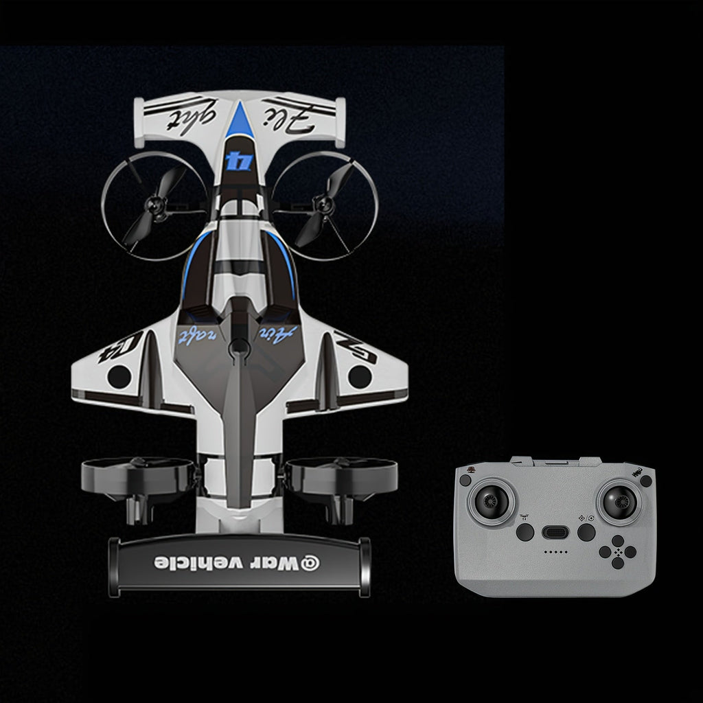 Two-in-One RC Drone and Ground Car with White Body, Two Batteries and Propeller Guards for Indoor Play — image 11