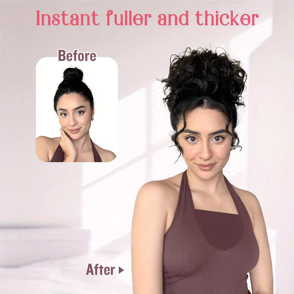 Hair Extensions Curly 10-Inch Synthetic Drawstring Bun with Comb Clips, 80g Weight and Two Brown Color Options — image 5