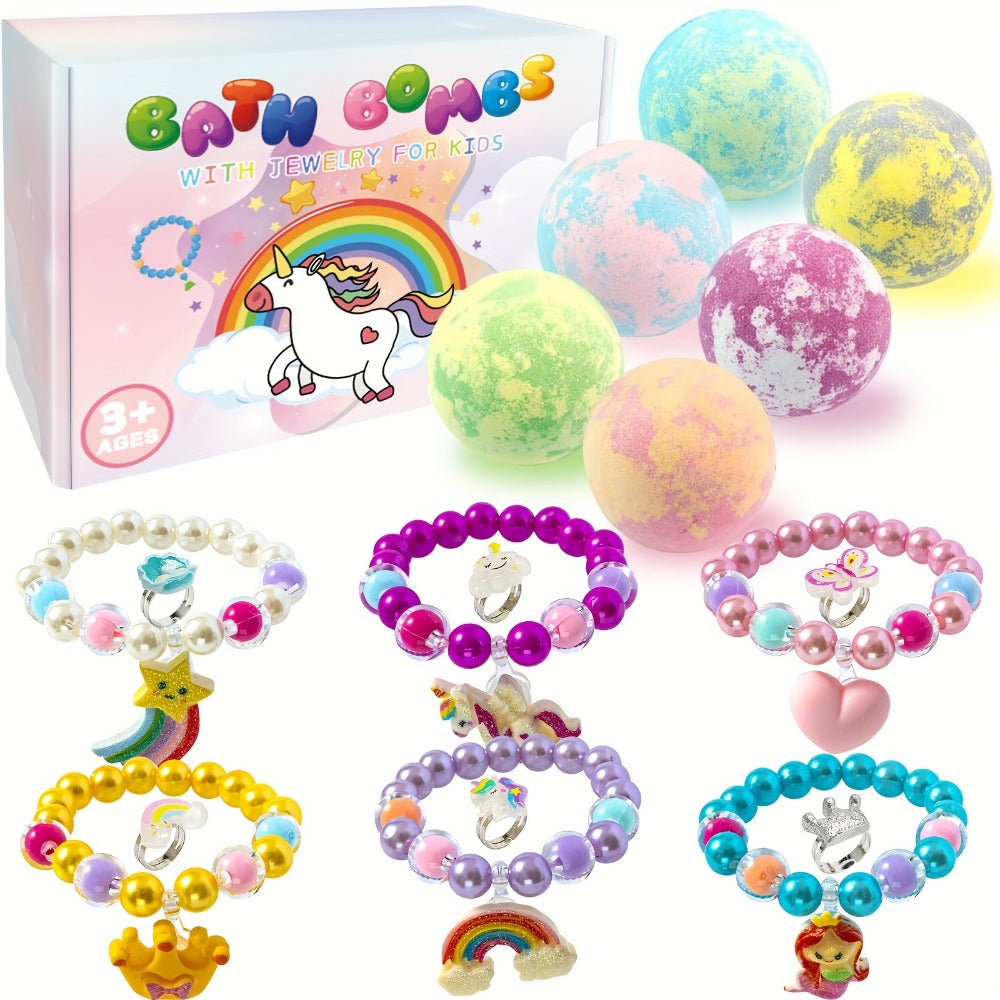 Bath Bombs, 6-Piece Unicorn Surprise Gift Set with Colorful Round Fizzers, Bracelet and Ring Accessories — image 1